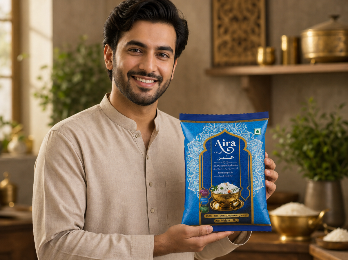 man holding rice packet